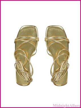 Lace Up Strappy Flat Sandals Metallic Square Open Toe Lightweight TPR Sole